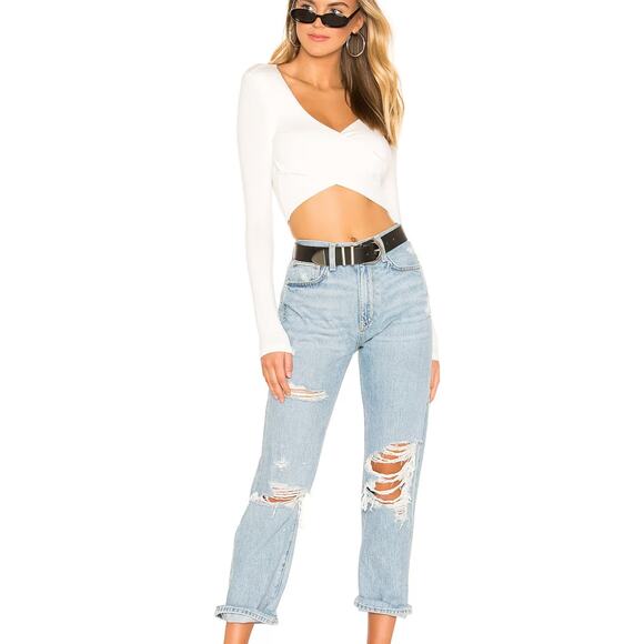 Superdown White Wrap Crop Top XL Cotton Long Sleeve Plunging Matilda Revolve NEW - Picture 8 of 8